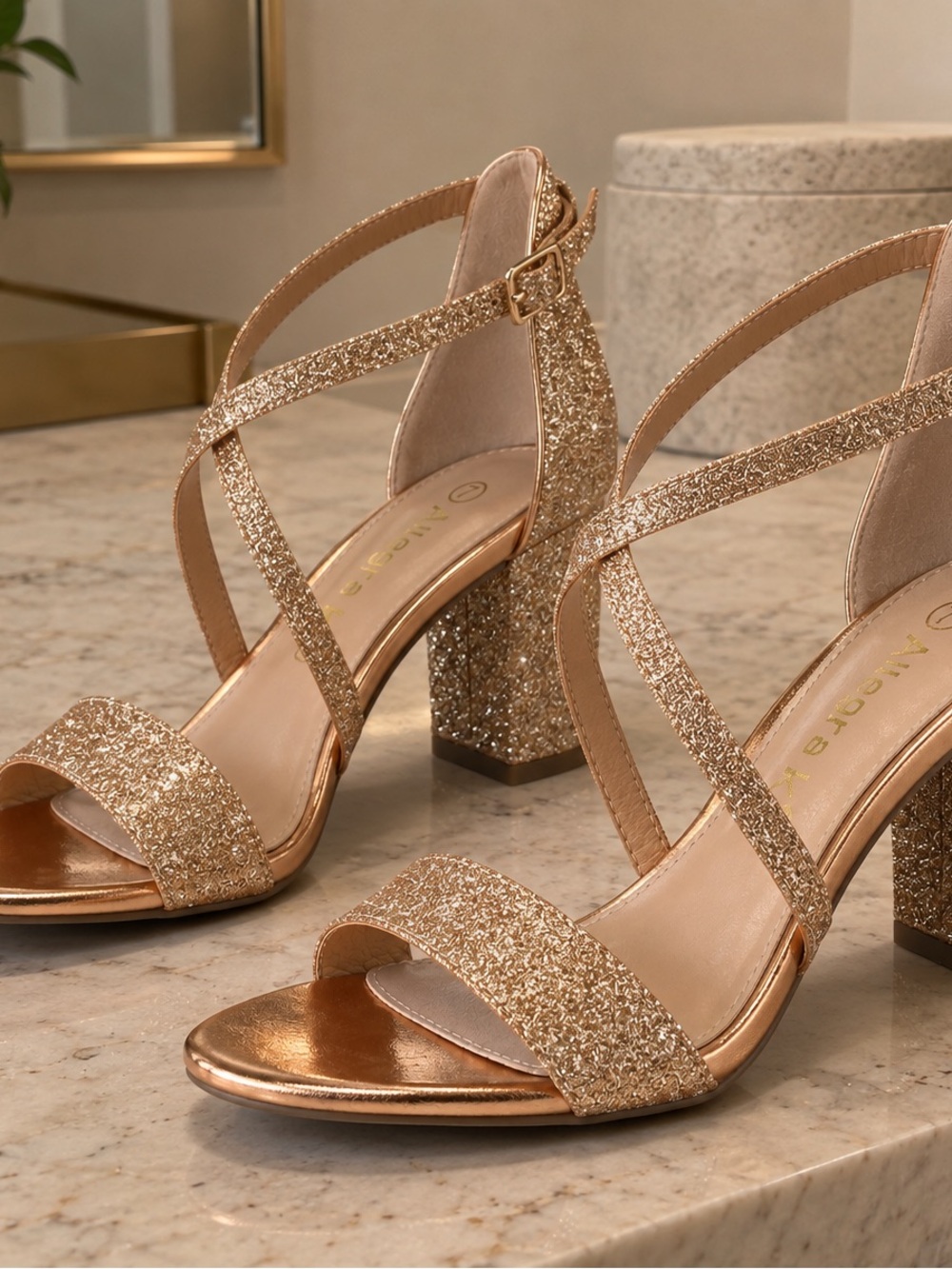 Allegra K Women's Glitter Crisscross Block Heel Sandals